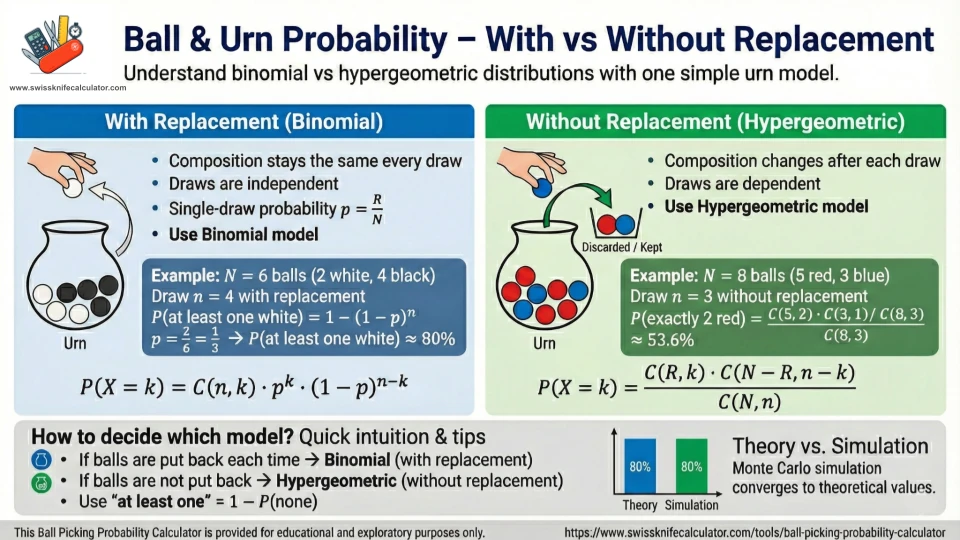 Infographic comparing with replacement (binomial) versus without replacement (hypergeometric) for urn probabilities, including formulas for exactly k and at least one, and a Monte Carlo comparison chart.