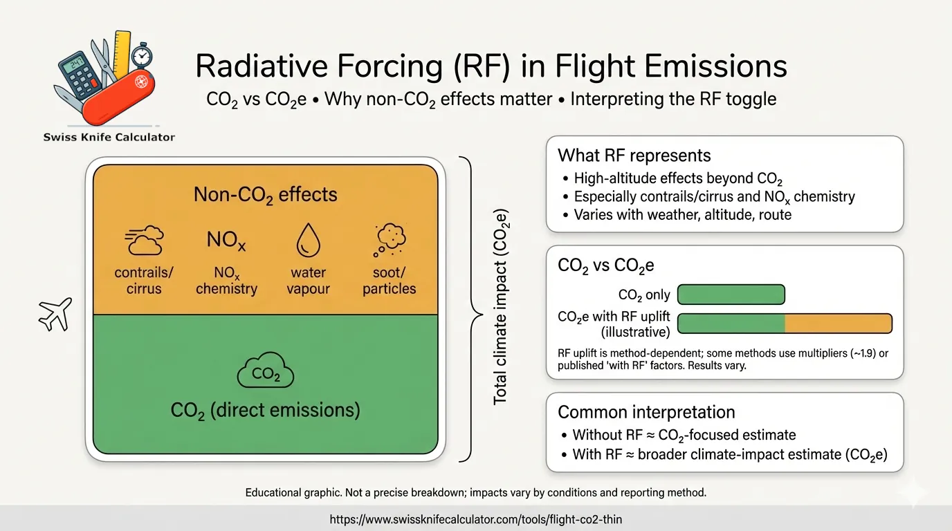 Radiative Forcing (RF) in flight emissions: CO₂ direct emissions plus non-CO₂ effects (contrails/cirrus, NOx chemistry, water vapour, soot/particles) shown as an illustrative uplift from CO₂ to CO₂e