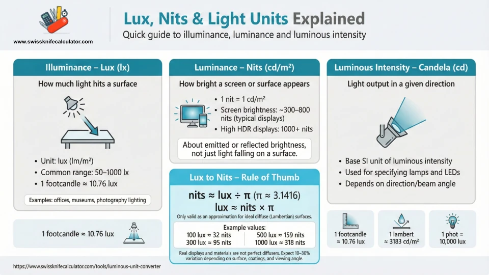 Infographic explaining illuminance (lux, footcandle), luminance (nits/cd/m², lambert), and luminous intensity (candela) with common conversion constants.